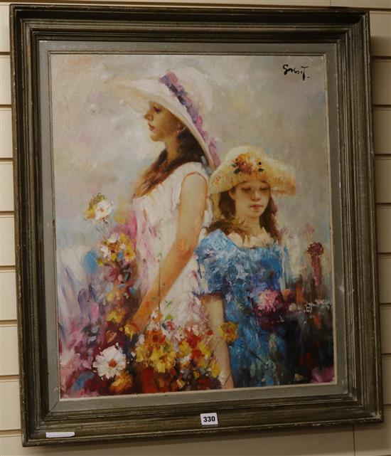Alan Crisp, oil on canvas laid on board, portrait of two women and flowers, signed, 64 x 53cm